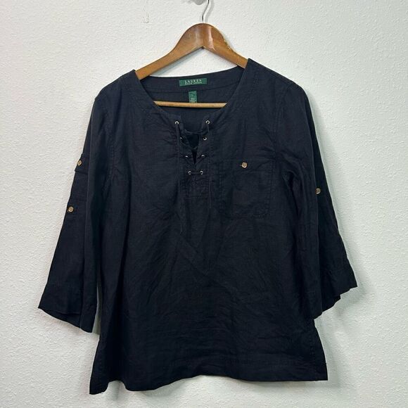 Lauren Ralph Lauren 100% Linen Tie Front Black 3/4 Roll Tab Sleeve Top Size L - Picture 1 of 11